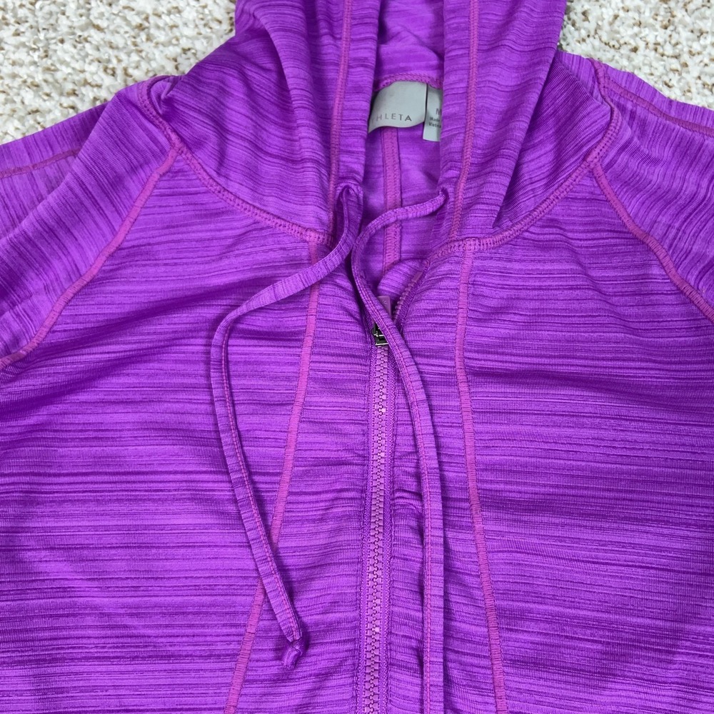 Athleta Shirt Womens Medium Purple Striped UPF Zip Hooded Running Gym Workout - Picture 4 of 11
